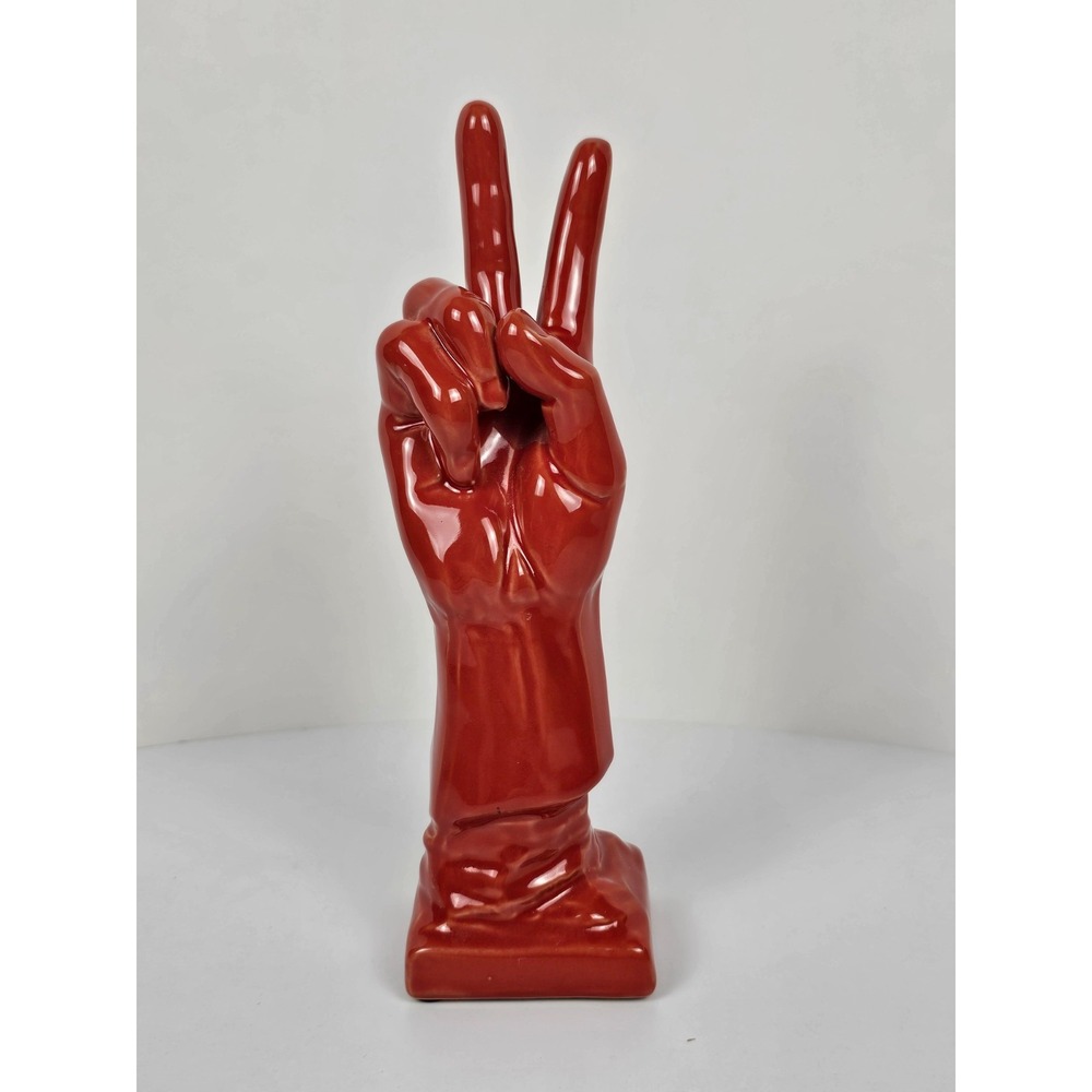 Retro Peace Sign Hand Statue 10" Red Orange Glaze Ceramic Mid Century Style Art